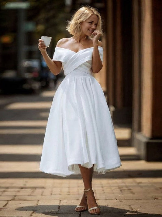 A-line Off-the-Shoulder Pleated Tea-Length Satin Wedding Dress