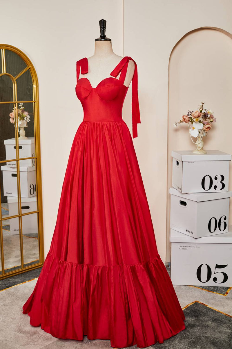 Red Bow Tie Straps A-line Satin Gemmanovae Long Prom Dress