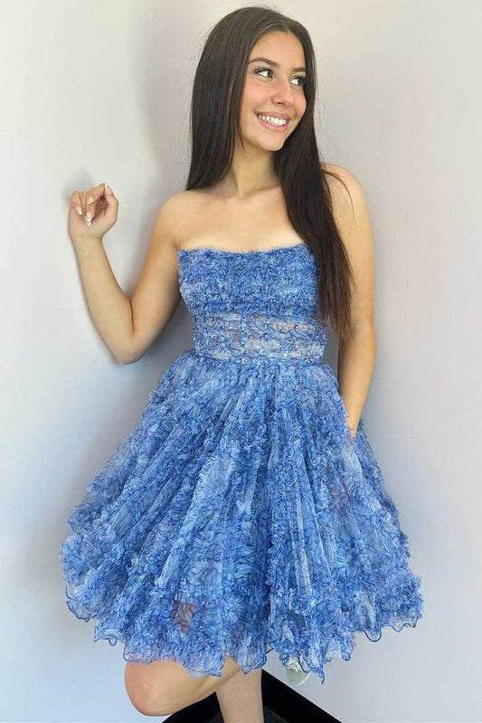 Strapless Blue Floral Print A-Line Gemmanovae Homecoming Dress with Pockets