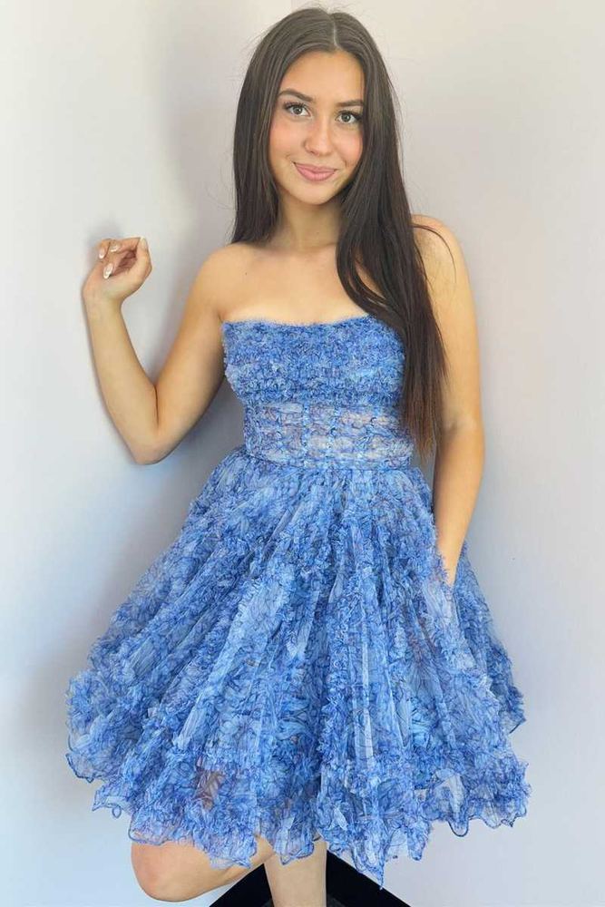 Strapless Blue Floral Print A-Line Gemmanovae Homecoming Dress with Pockets