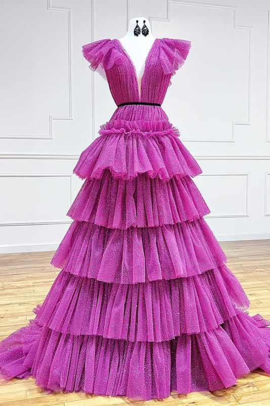 Gemmanovae Fuchsia Flutter Sleeves Layers Dot A-line Long Prom Dress