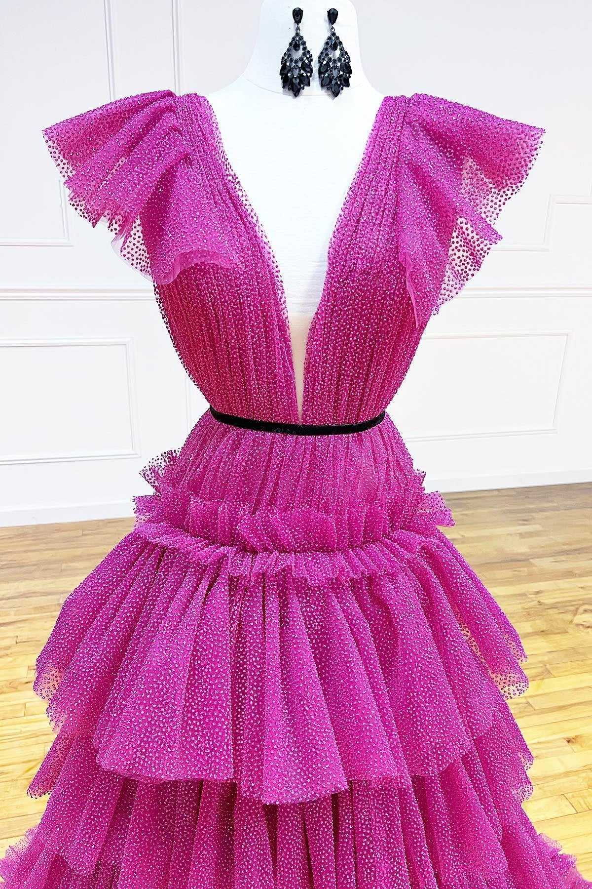 Gemmanovae Fuchsia Flutter Sleeves Layers Dot A-line Long Prom Dress