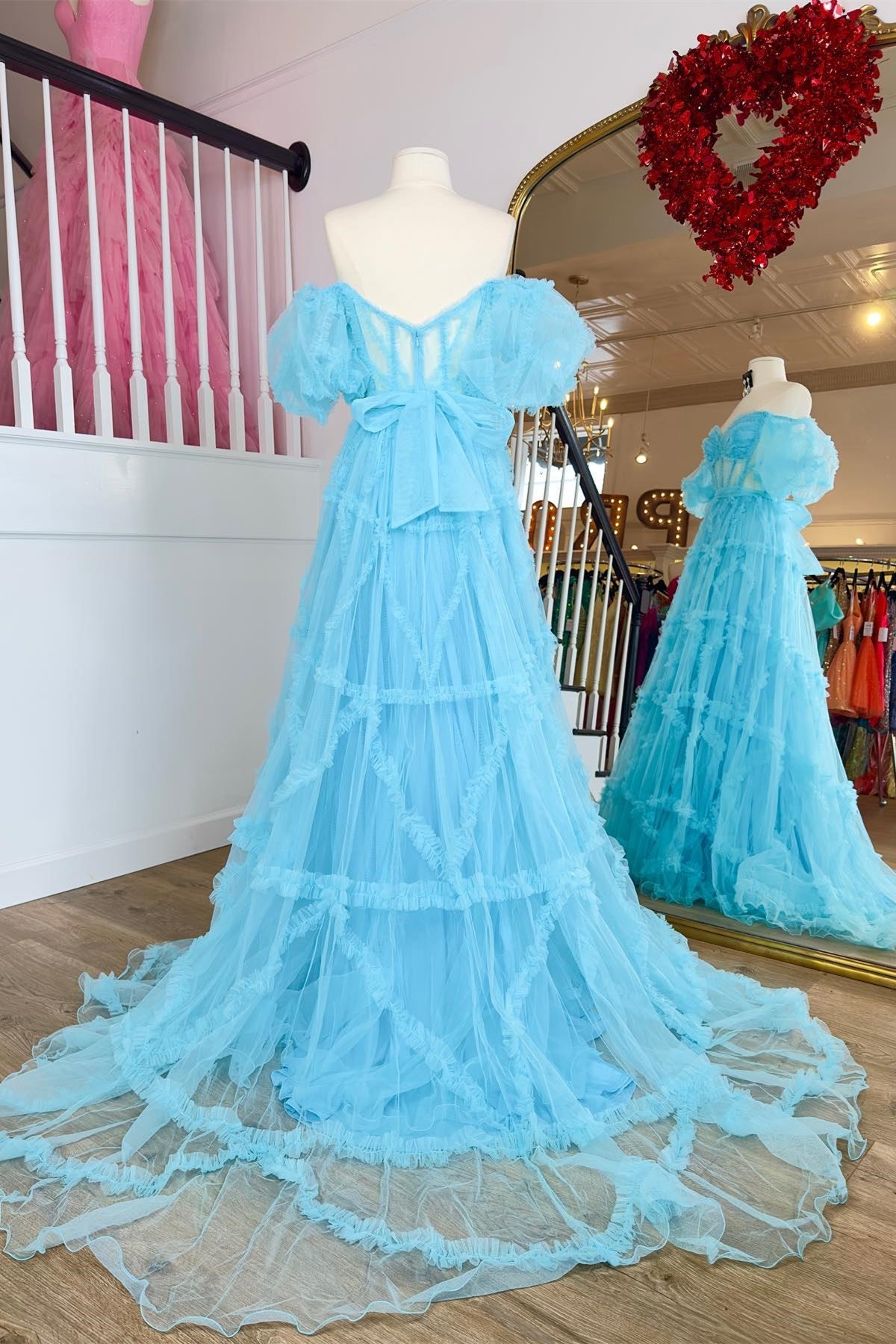 Sky Blue Ruffled Puff Sleeves A-line Gemmanovae Long Prom Dress