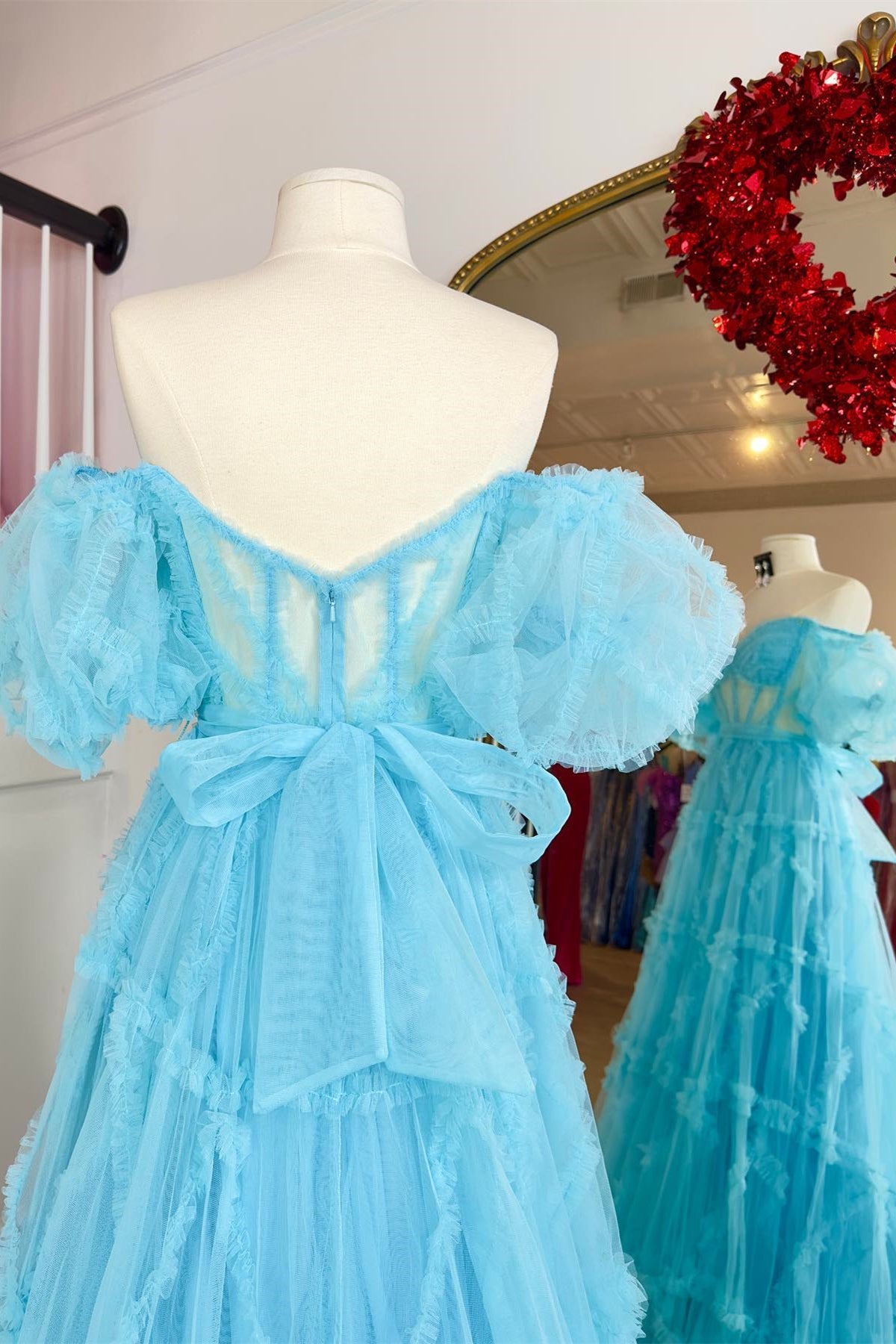 Sky Blue Ruffled Puff Sleeves A-line Gemmanovae Long Prom Dress