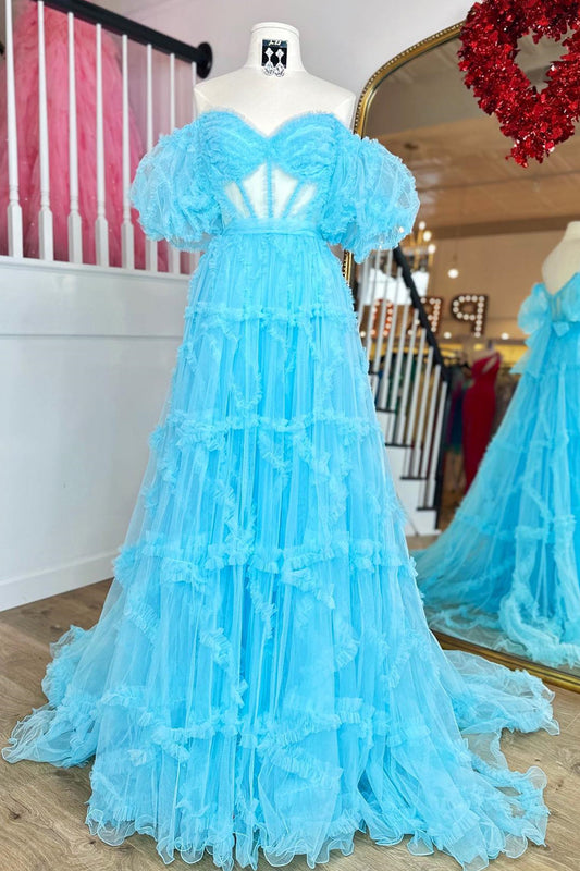 Sky Blue Ruffled Puff Sleeves A-line Gemmanovae Long Prom Dress