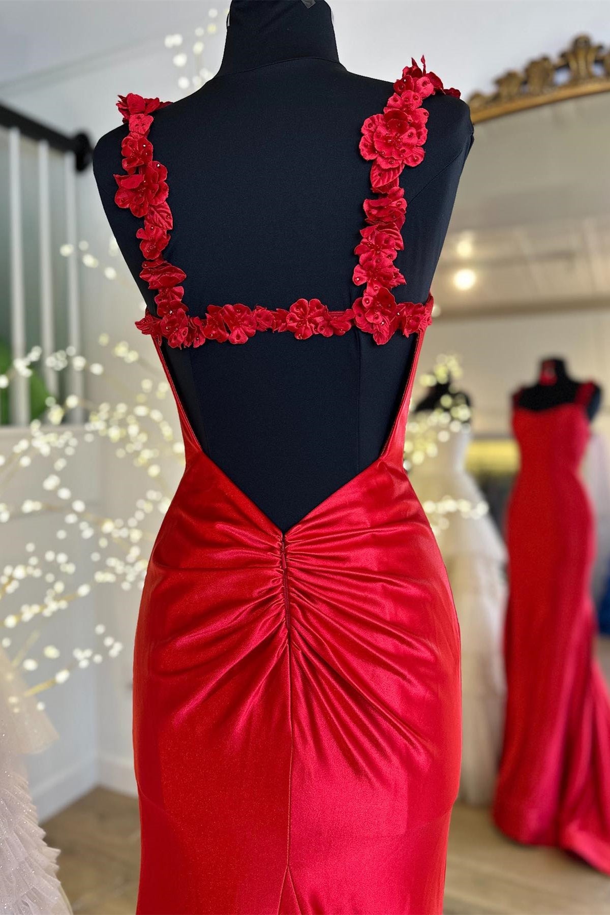 Red Flower Straps Mermaid Satin GemmanovaeLong Prom Dress with Slit