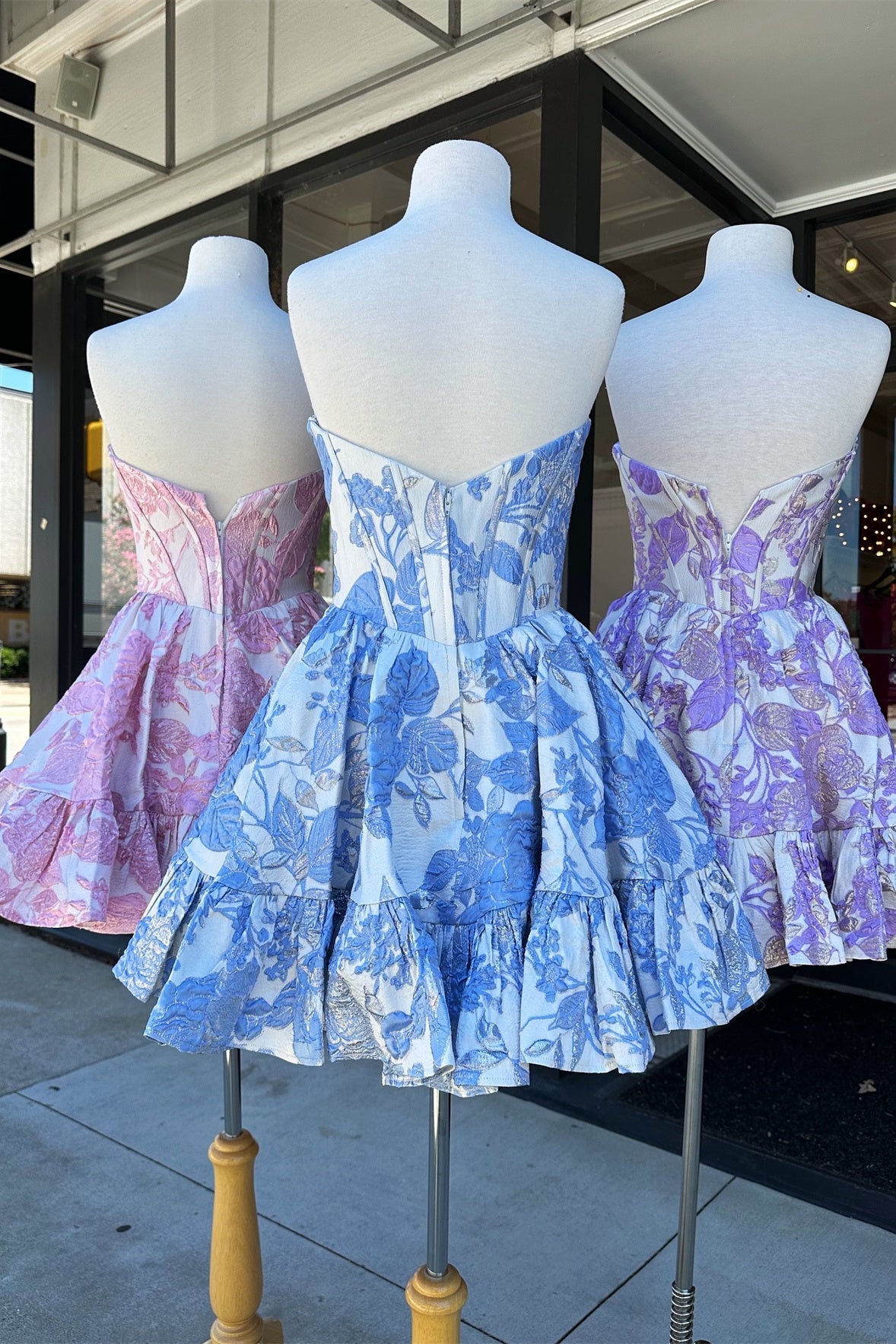 Light Blue Floral Print Strapless Sweetheart Gemmanovae Homecoming Dress