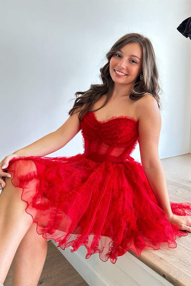 Red A-line Sweetheart Ruffles Short Gemmanovae Tulle Homecoming Dress