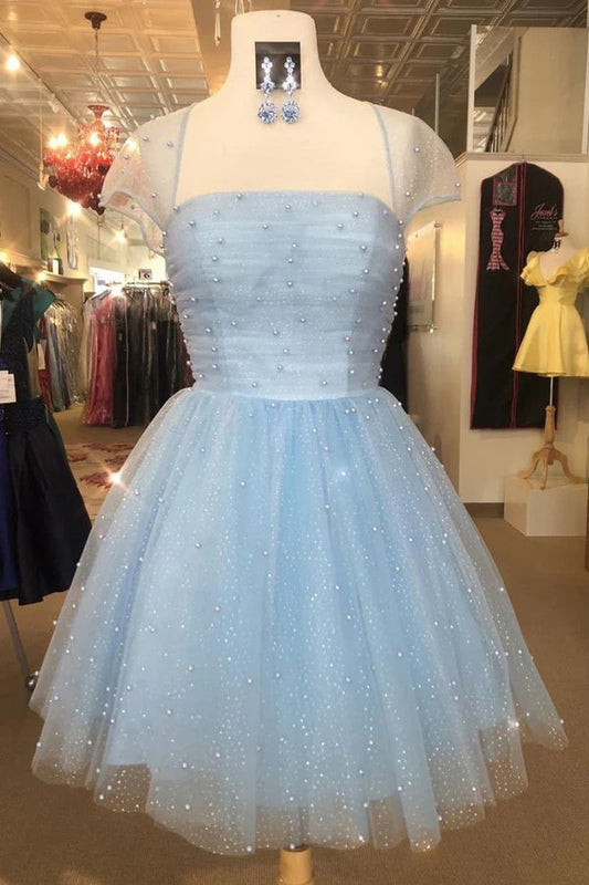 Light Blue Sparkly Short Sleeves Tulle Prom Dress Gemmanovae Homecoming Dress