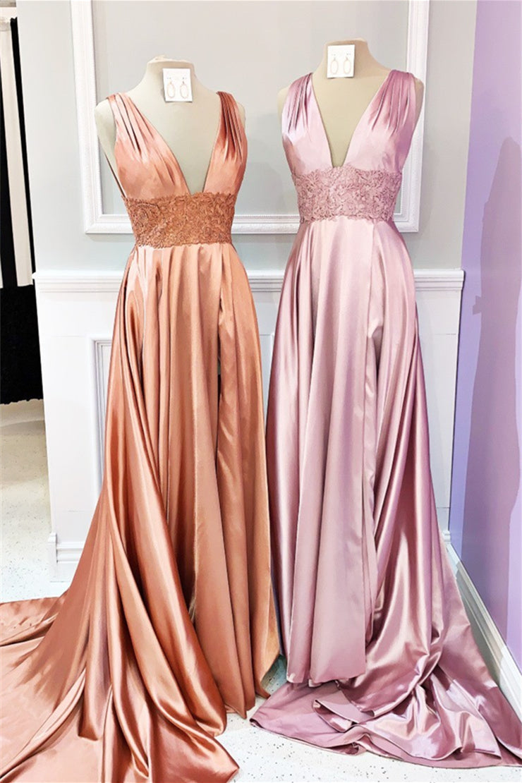 Gemmanovae Dusty Pink Floral V Neck A-line Satin Long Prom Dress