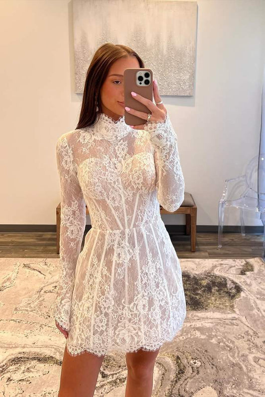 Delicate A-line High Neck Long Sleeves Appliques Short Lace Corset Dress