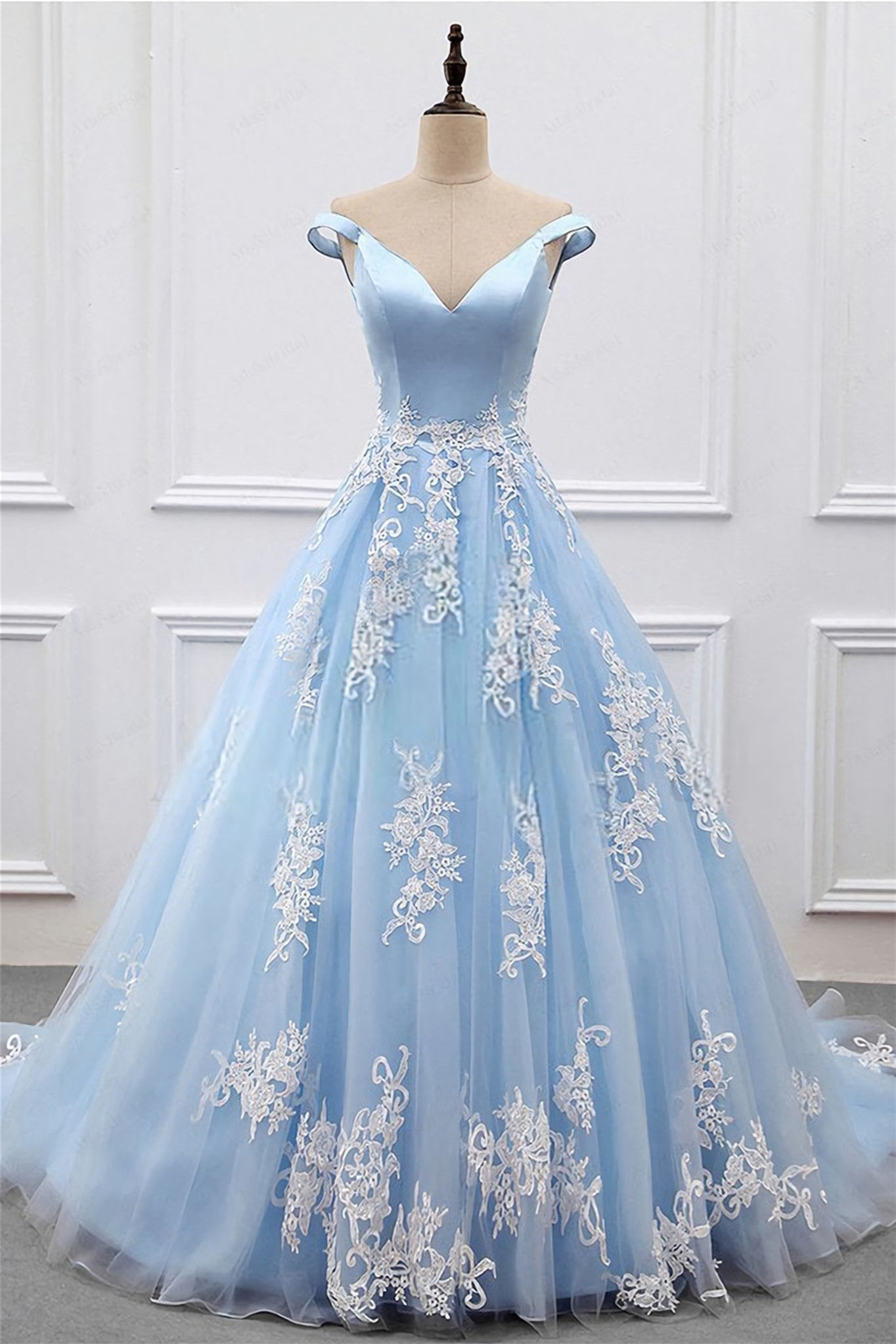 Light Blue Appliques Off-Shoulder A-line Gemmanovae Long Prom Dress