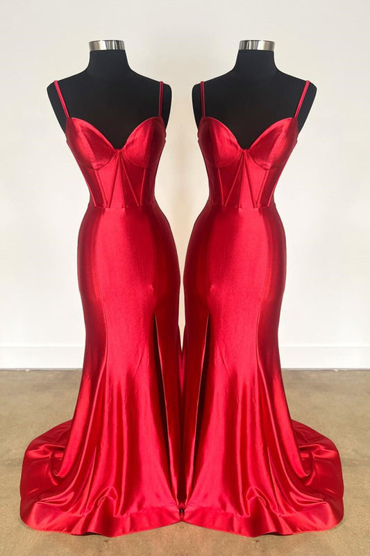 Red Mermaid Satin Spaghetti Straps GemmanovaeLong Prom Dress with Slit