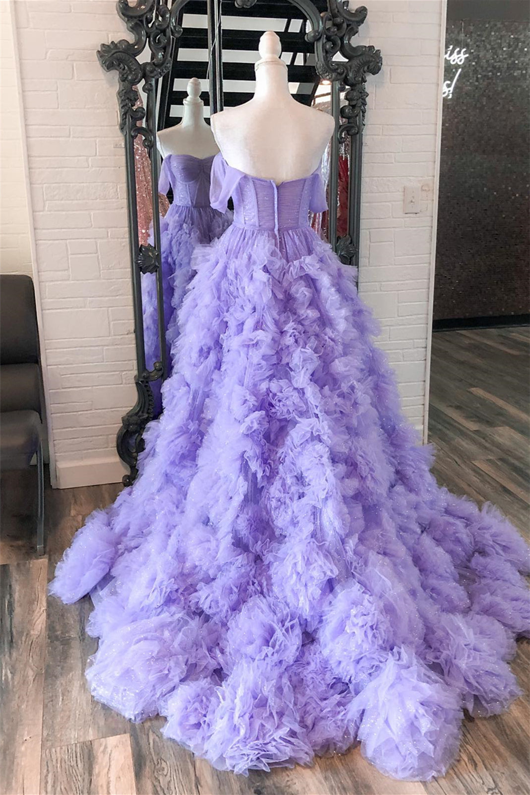 Lavender Off-Shoulder Ruffled Layers A-line Gemmanovae Long Prom Dress