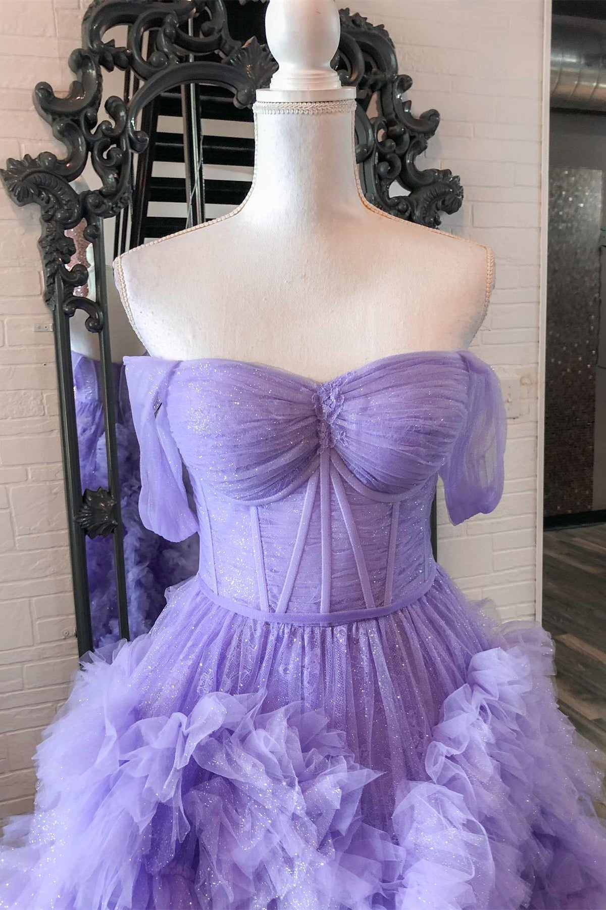 Lavender Off-Shoulder Ruffled Layers A-line Gemmanovae Long Prom Dress