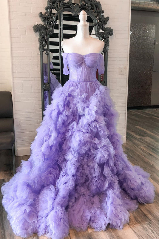 Lavender Off-Shoulder Ruffled Layers A-line Gemmanovae Long Prom Dress