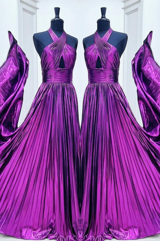 Purple Crossed Halter A-line Gemmanovae Satin Long Prom Dress