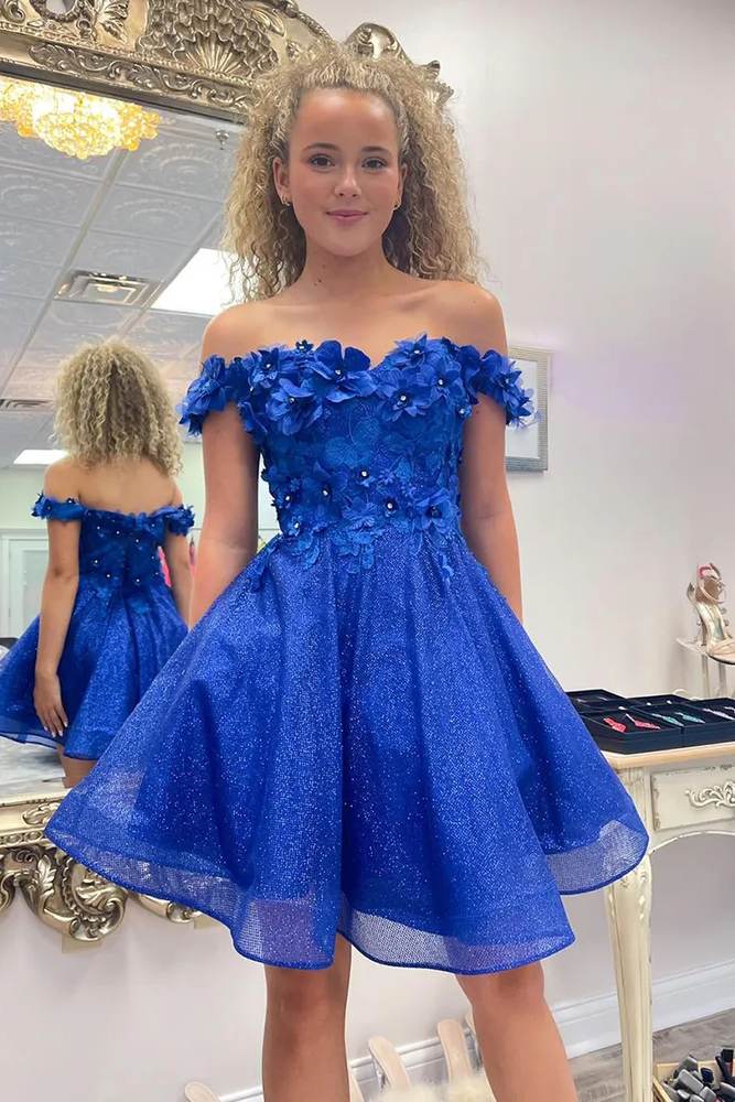 Sparkly Royal Blue A-Line Off the Shoulder Beaded Flowers Gemmanovae Homecoming Dress