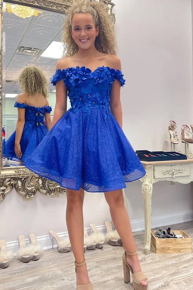 Sparkly Royal Blue A-Line Off the Shoulder Beaded Flowers Gemmanovae Homecoming Dress