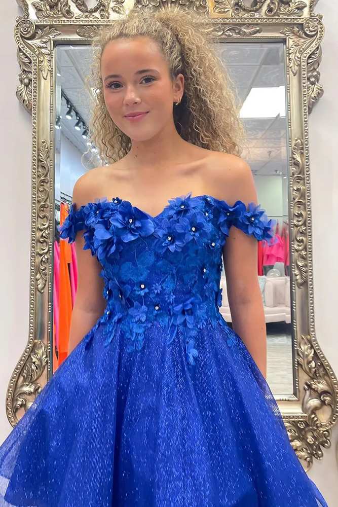 Sparkly Royal Blue A-Line Off the Shoulder Beaded Flowers Gemmanovae Homecoming Dress