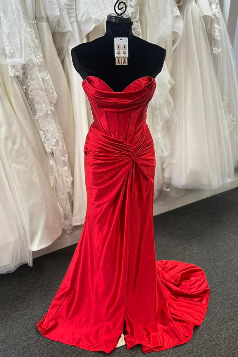 Red Strapless Mermaid Twisted Knot Satin Gemmanovae Long Prom Dress with Slit