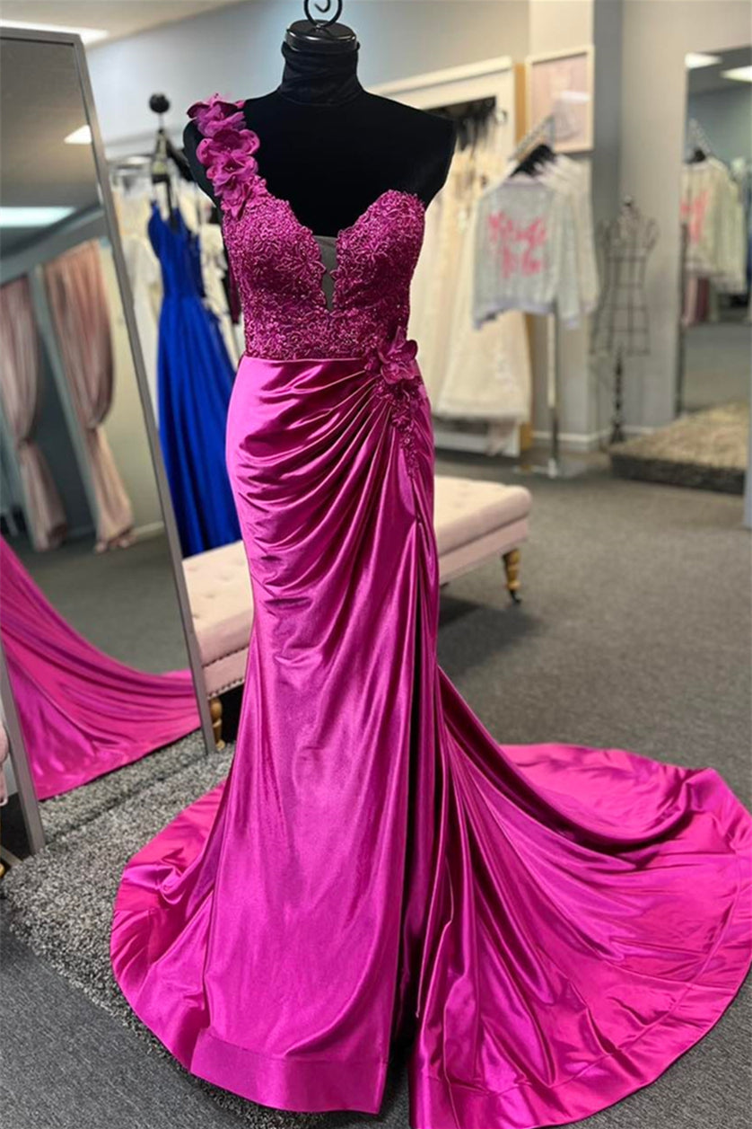 Gemmanovae Fuchsia Floral One Shoulder Appliques Mermaid Long Prom Dress with Slit